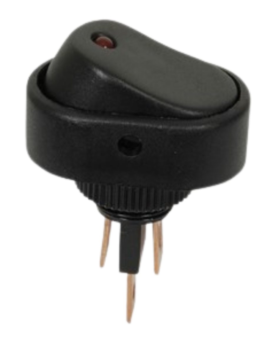 Jaycar SK0955 30A 12VDC SPST rocker switch with red LED illumination and round panel-mount design.