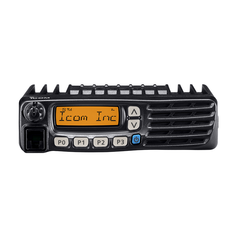 Icom IC-F5023 25W VHF mobile transceiver with 128 channels, 136–174MHz coverage, front-mounted speaker, programmable buttons and rugged MIL-STD 810F construction.