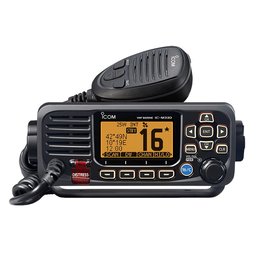 Icom IC-M330GE ultra-compact fixed-mount VHF marine radio with built-in GPS, Class D DSC, IPX7 waterproofing and supplied GPS antenna.