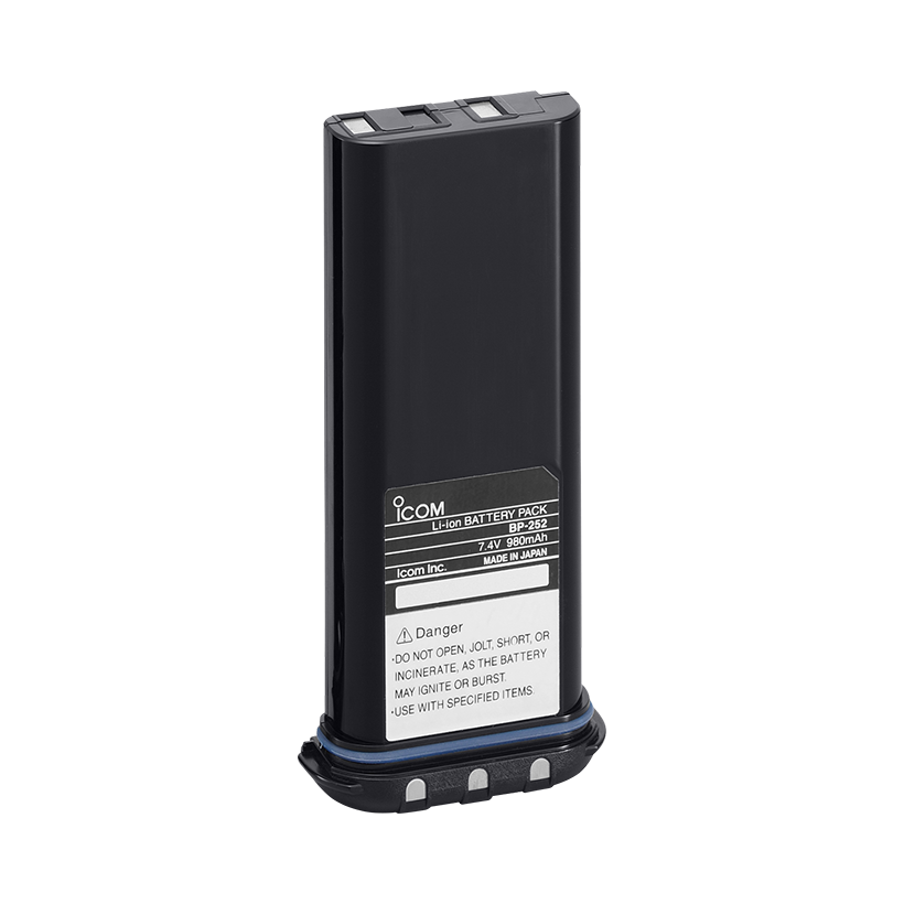 Icom BP-252 7.2V 1050mAh lithium-ion battery pack with IP57 protection when installed in a compatible transceiver.