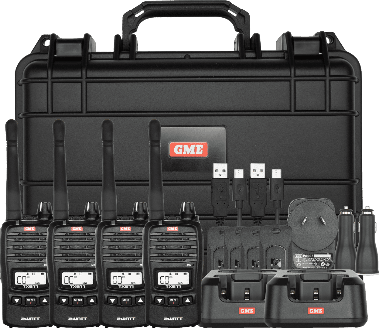 gme tx677 UHF CB radio quad pack with charger, case and accessories