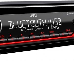 JVC KD-T752BT CD receiver with built-in Bluetooth, front USB and AUX inputs, 13-band EQ, time alignment, 1.5A USB charging and detachable faceplate.