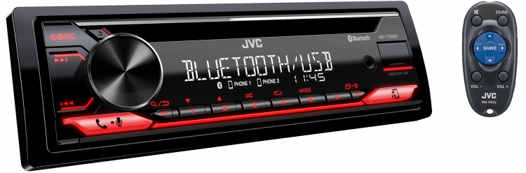 JVC KD-T752BT CD receiver with built-in Bluetooth, front USB and AUX inputs, 13-band EQ, time alignment, 1.5A USB charging and detachable faceplate.