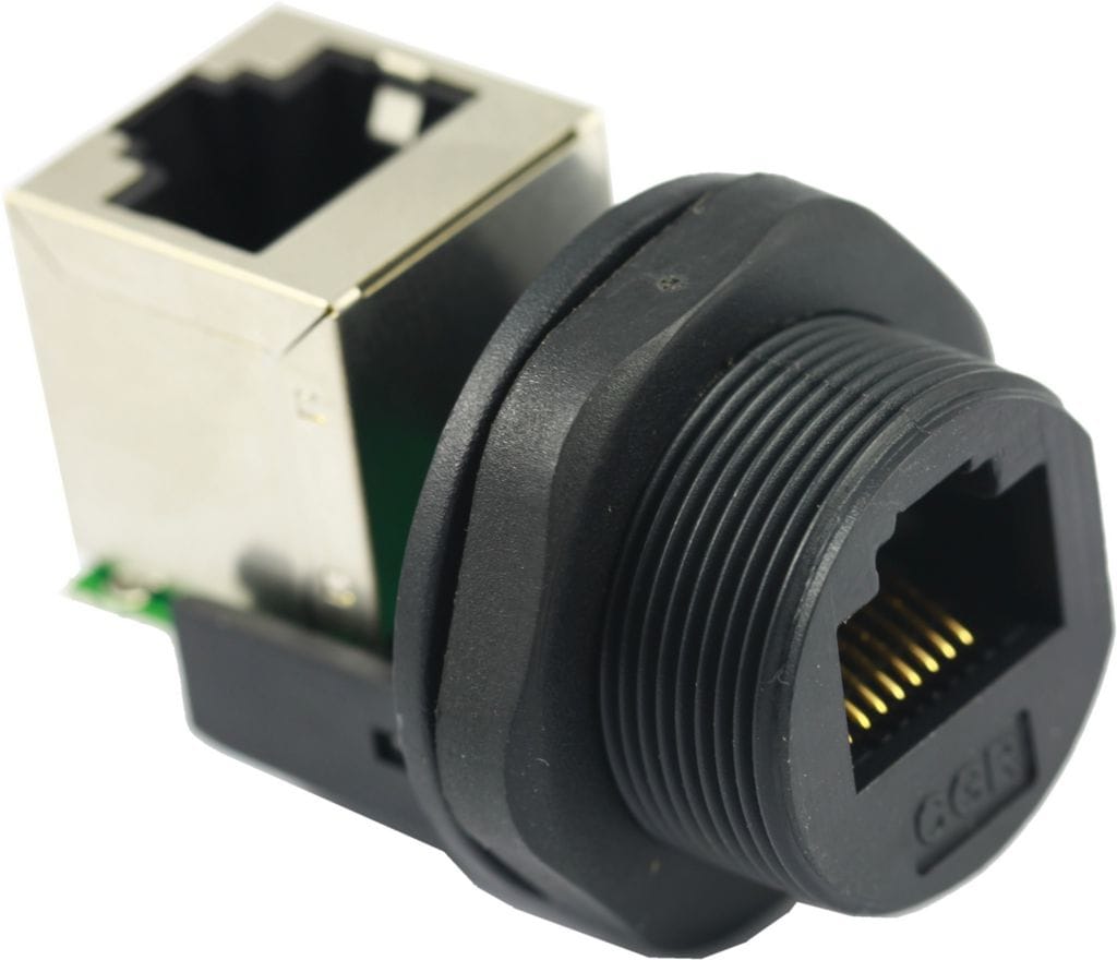 Chogori 33000000-02 90-degree RJ45 panel mount jack with IP67 weatherproof protection, gold-plated contacts, front screw mounting and CAT6 compatibility.