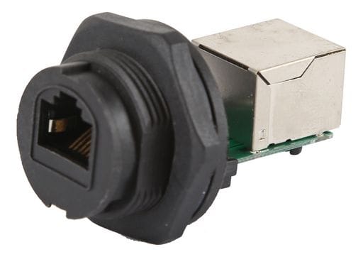 Chogori 33000000-11 180-degree RJ45 panel mount socket with bayonet lock, IP67 weatherproof protection, gold-plated contacts and CAT6 compatibility.