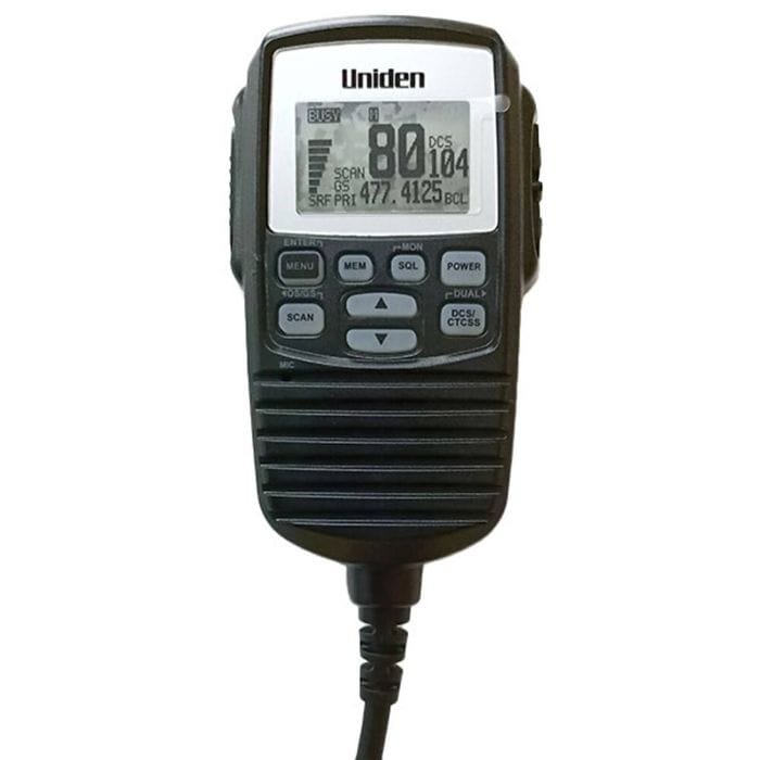 Uniden RM500 remote LCD speaker microphone with green backlight, built-in speaker and full radio function control, compatible with UH7740NB, UH7750NB, UH7760NB, UH8060S and UH5060 UHF radios.