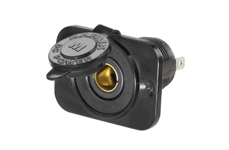 Narva 81130BL heavy-duty merit socket with dustproof cover, 16A at 12V or 8A at 24V rating and 29mm mounting opening.