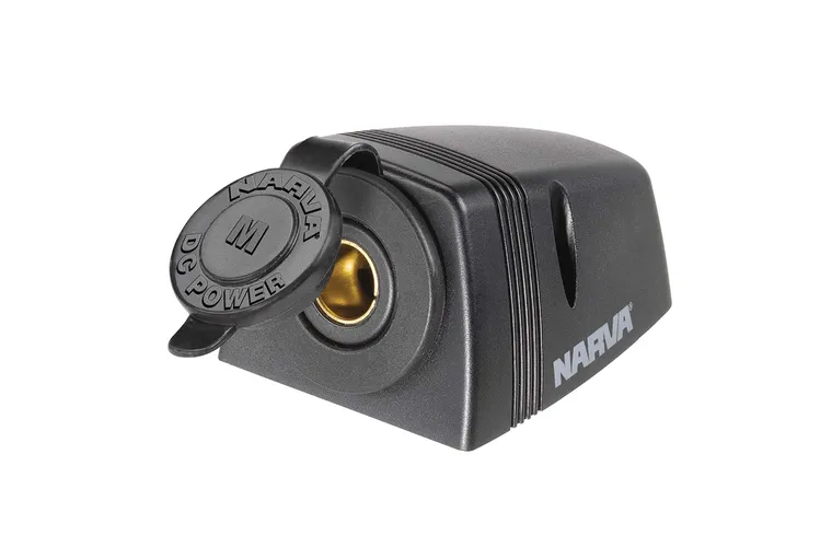 Narva 81150BL heavy-duty surface-mount merit socket with dustproof cover, plastic housing and 16A at 12V or 8A at 24V rating.