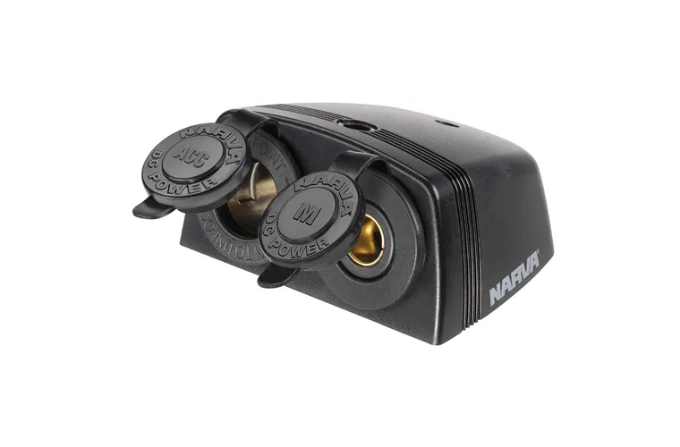 Narva 81164BL heavy-duty twin surface-mount accessory and merit socket with dustproof covers, plastic housing, 20A accessory socket and 16A merit socket ratings at 12V.