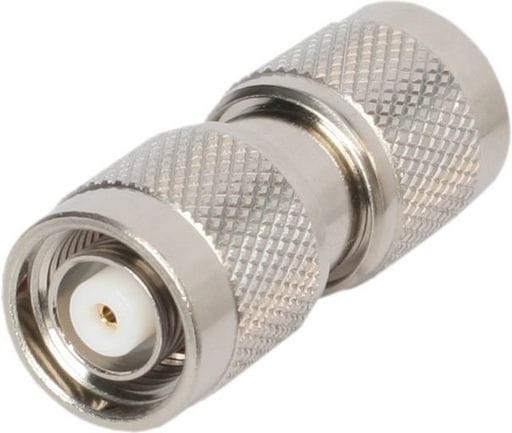 Daichi AD1047 RF adaptor with reverse-polarity TNC male plug to reverse-polarity TNC male plug for compatible radio, antenna and coaxial cable connections.