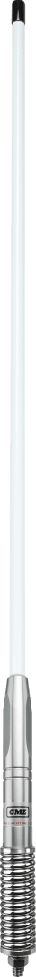 GME AE4703 1100mm white UHF CB radome antenna with 6.6dBi gain, medium-duty spring base, interchangeable whip, ground-independent design and pre-terminated FME connector.