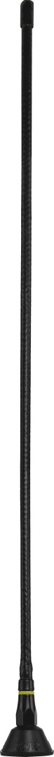 GME AEM7 650mm black fibreglass AM/FM antenna with ground-dependent design, 5m lead assembly, auto antenna plug and pre-terminated audio connector for off-road vehicle installations.