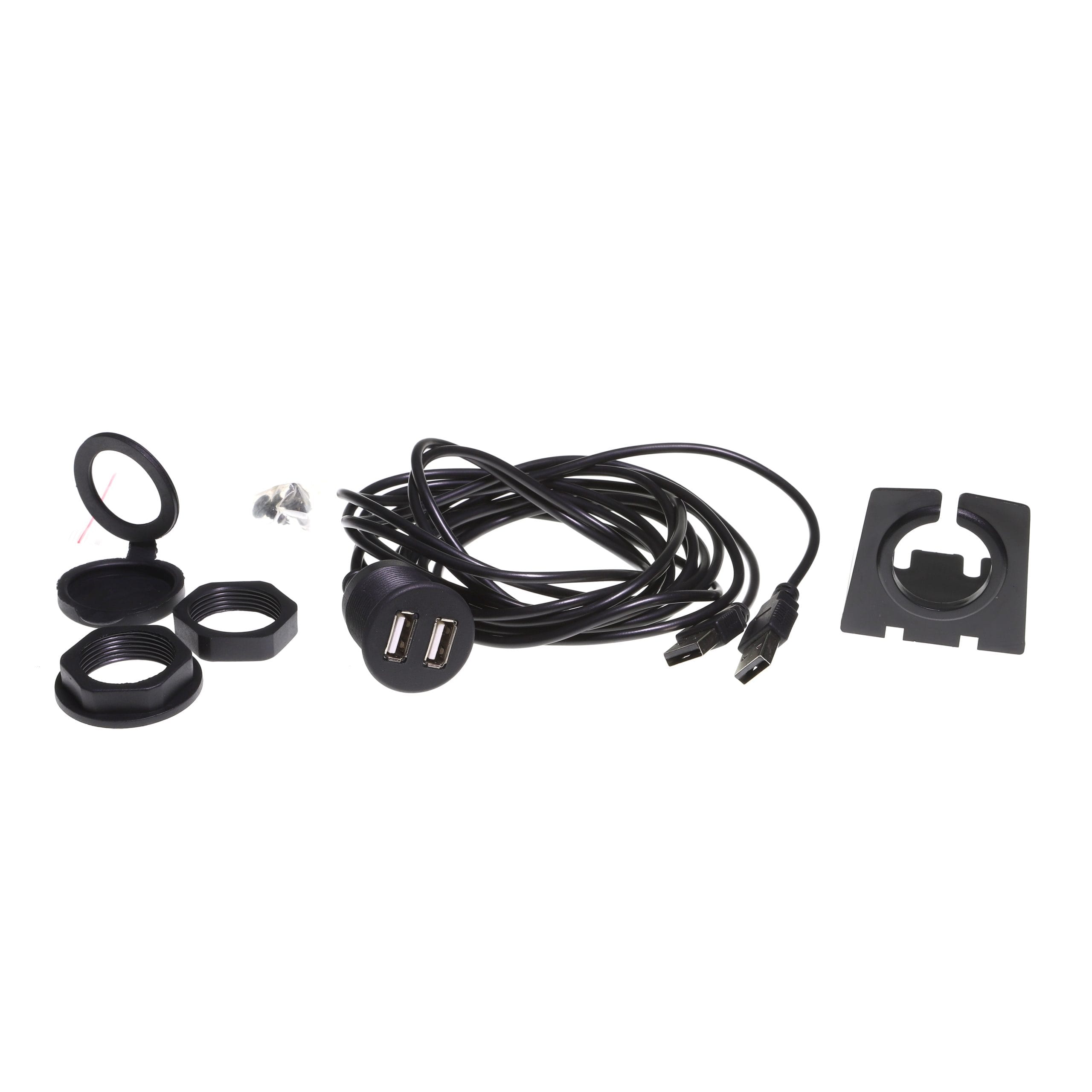 Aerpro APUSBD5 dual USB extension adaptor for aftermarket head units, with plug-and-play installation, accessory socket replacement or surface mounting, and dual ports for compatible device charging and syncing.