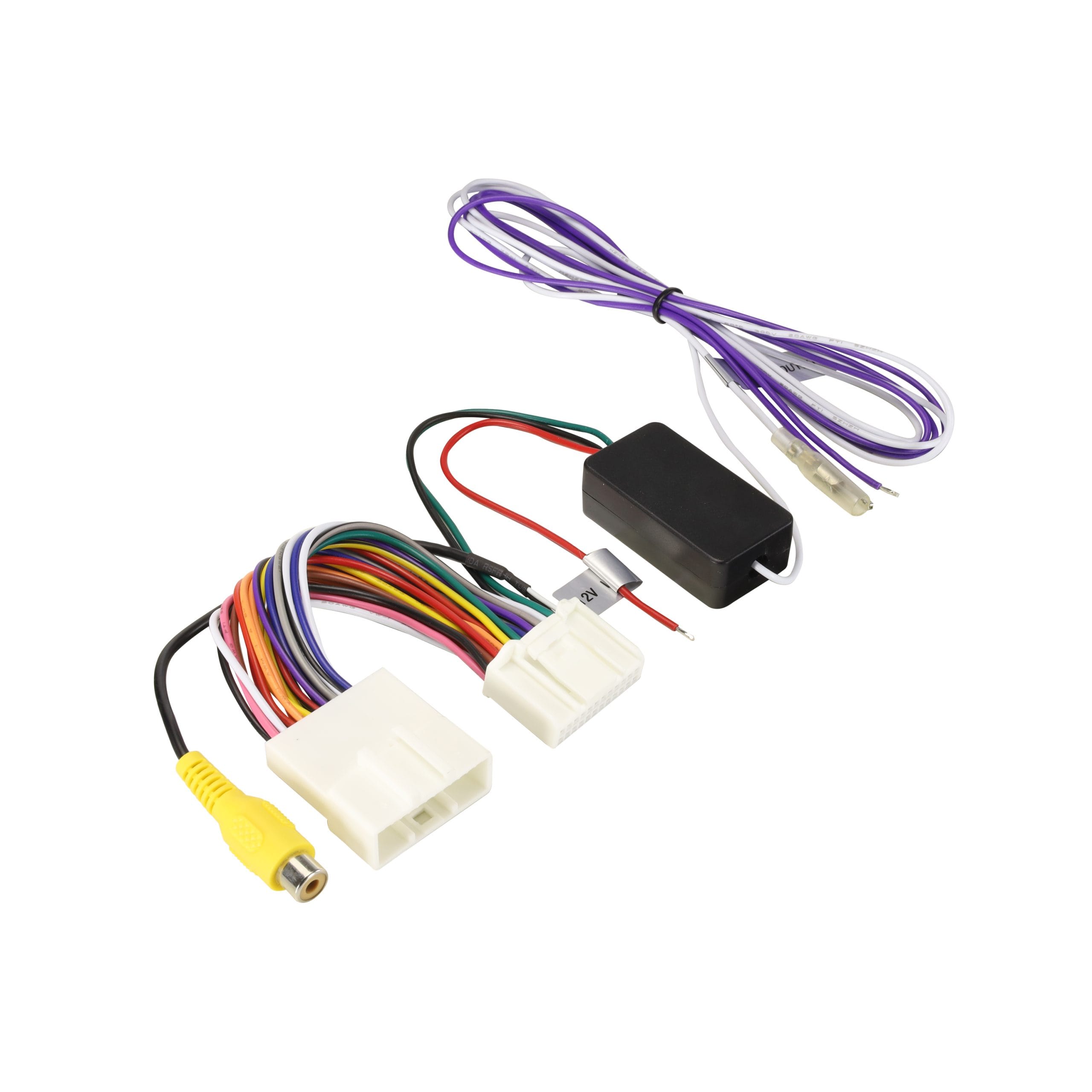 Aerpro APVTY12 aftermarket camera adapter for Toyota vehicles from 2012 onward, with 24-pin plug for adding an NTSC rear-view camera to the factory head unit.
