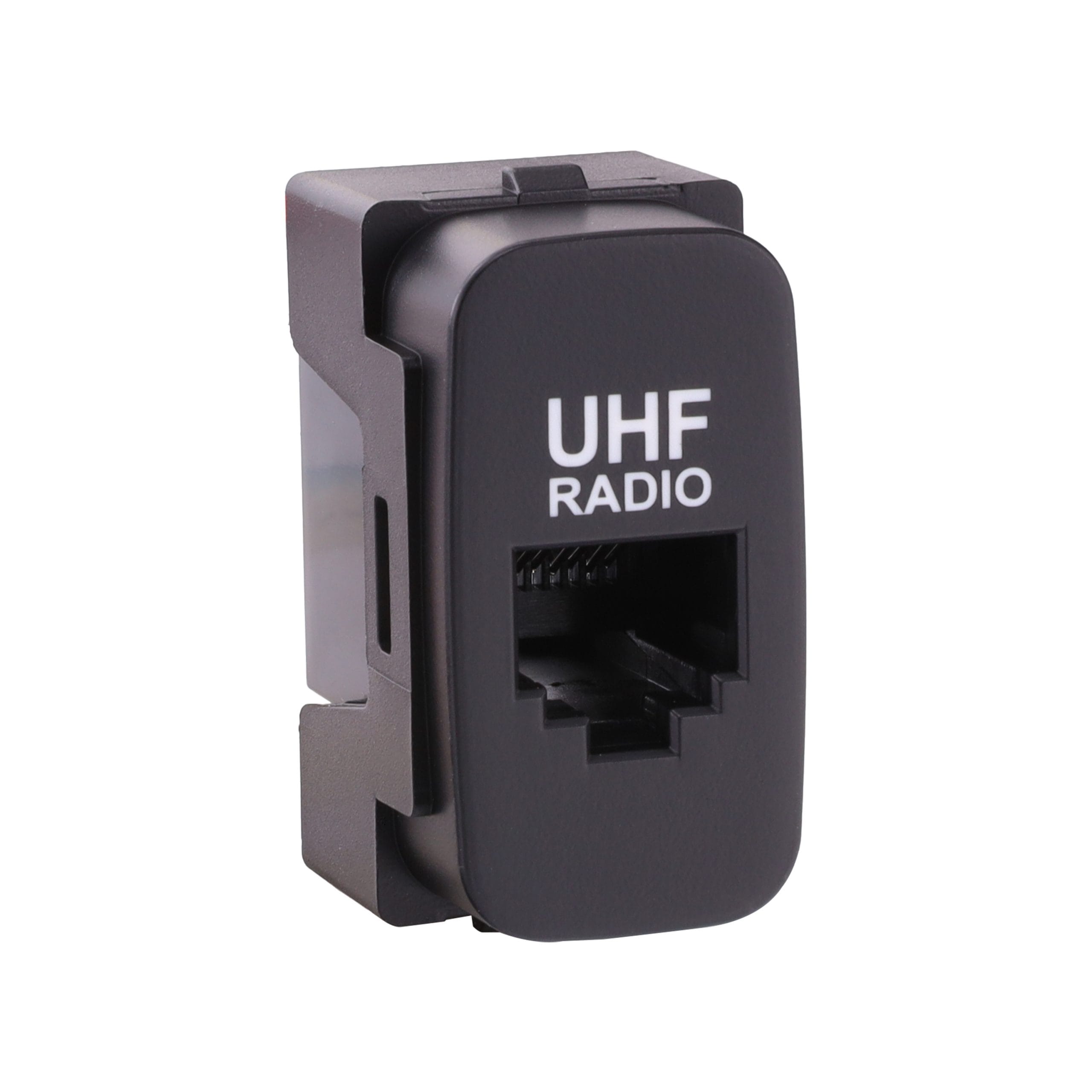 Aerpro ARJ45MT1 RJ45 pass-through UHF radio adaptor for selected Mitsubishi vehicles, with blue illuminated UHF Radio text and factory-style dash fit.
