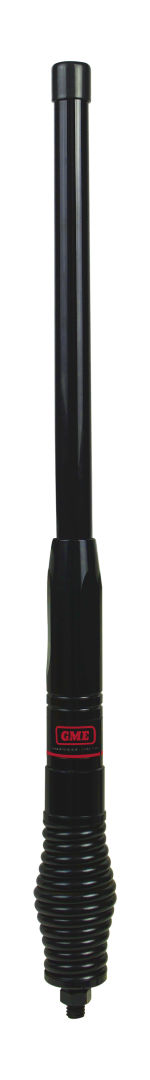 GME AT4714BA 580mm multi-band 3G/4G/5G cellular antenna with black fibreglass radome, heavy-duty spring base, detachable whip, ground-independent design and pre-terminated SMA connector.