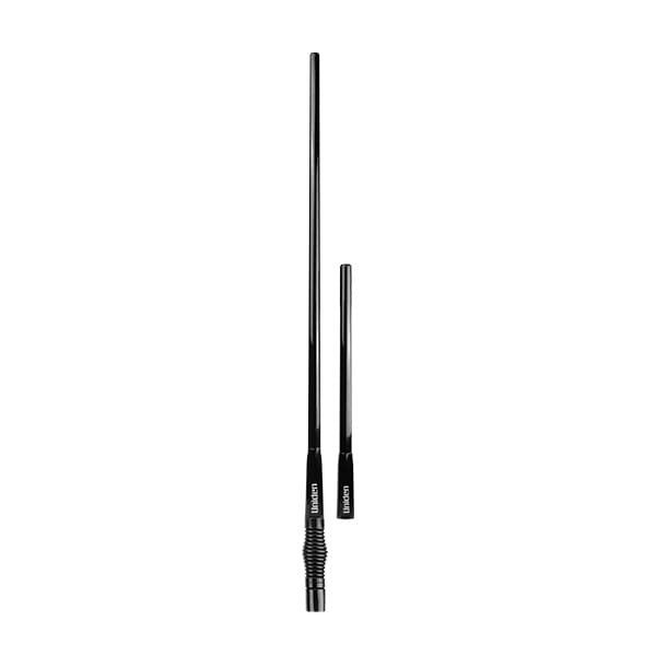 Uniden ATX970 Twin heavy-duty black UHF radome antenna kit with 6.6/3.0dBi gain whips, stainless steel spring, 5m low-loss coax cable, FME connector and PL259 adaptor.