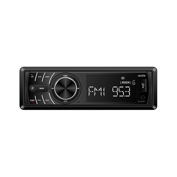AXIS AX1802BT single-DIN 12/24V Bluetooth CD receiver with AM/FM radio, front USB and AUX inputs, hands-free calling, audio streaming and detachable face panel.