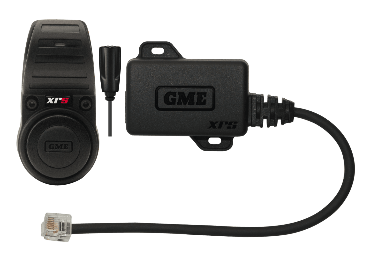 GME XRS-BT1 Bluetooth interface module and wireless PTT kit for XRS-330C, XRS-370C and XRS-390C radios, with steering wheel clamp, IP67 PTT button and wired pillar microphone.