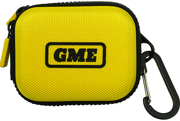 GME CC610 premium semi-hard carry case for the MT610G personal locator beacon, with high-visibility yellow UV-resistant material, oversized zipper and included metal carabiner.
