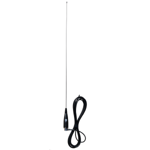 RFI CD29-138166-53 ground-independent VHF antenna for 138–166MHz with 873mm flexible stainless steel whip, 3dB gain, MBC PL259 base and 5m RG58 cable.