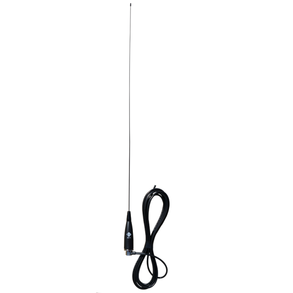 RFI CD29-138166-53 ground-independent VHF antenna for 138–166MHz with 873mm flexible stainless steel whip, 3dB gain, MBC PL259 base and 5m RG58 cable.
