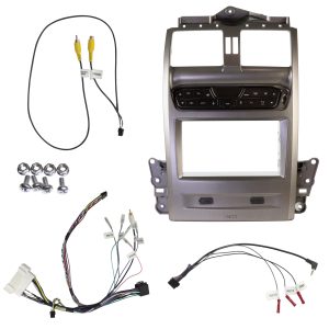 Aerpro FP9750GK gunmetal double DIN head unit installation kit for Ford Falcon BA-BF and Territory SX-SY, with integrated HVAC and steering wheel controls.