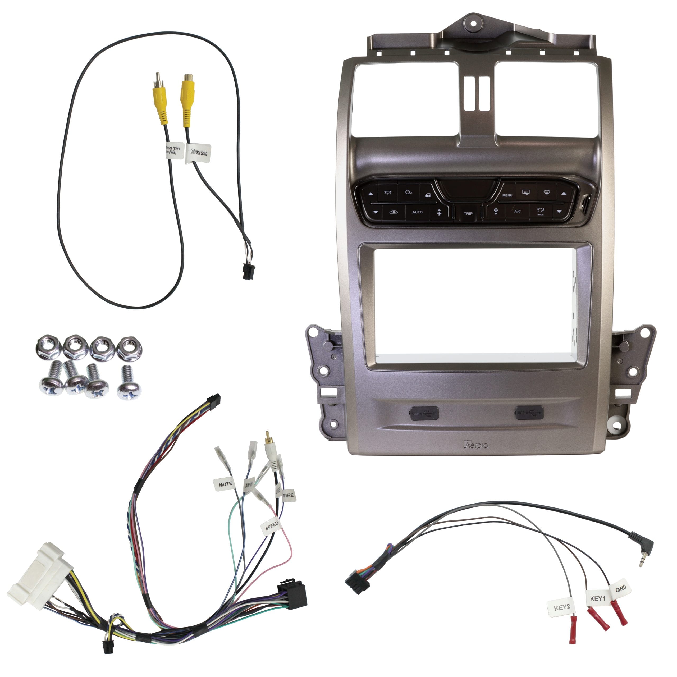 Aerpro FP9750GK gunmetal double DIN head unit installation kit for Ford Falcon BA-BF and Territory SX-SY, with integrated HVAC and steering wheel controls.