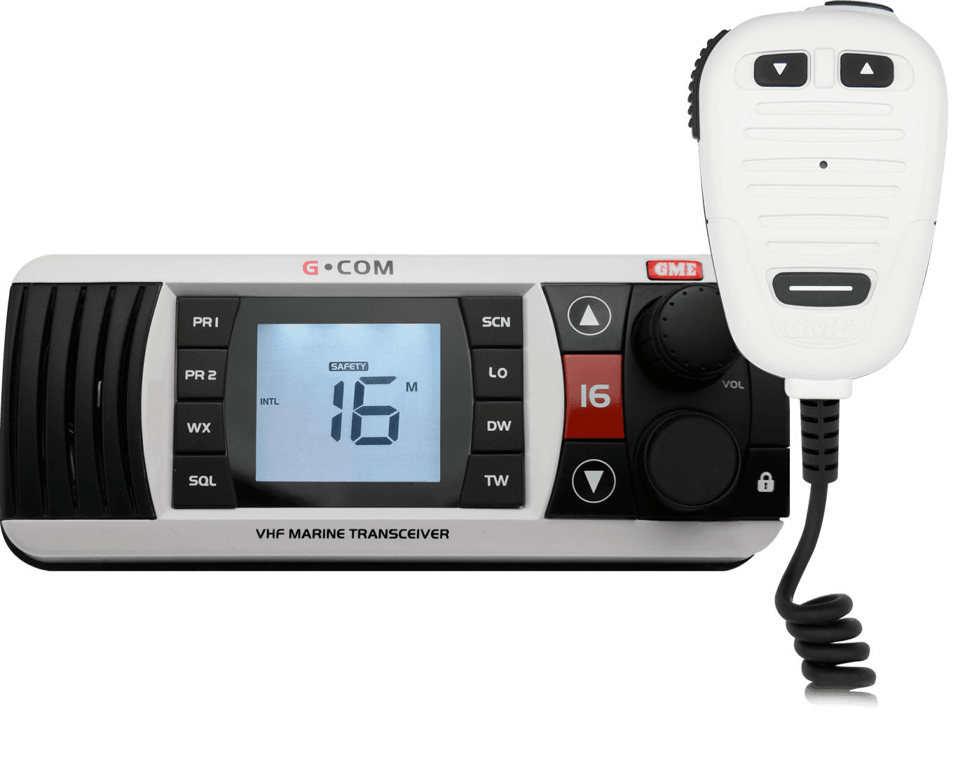 GME GX700W white VHF marine radio with 25/1W switchable power, waterproof speaker microphone, IPX7 protection, rear microphone input, channel memories and dual/triple watch functions.