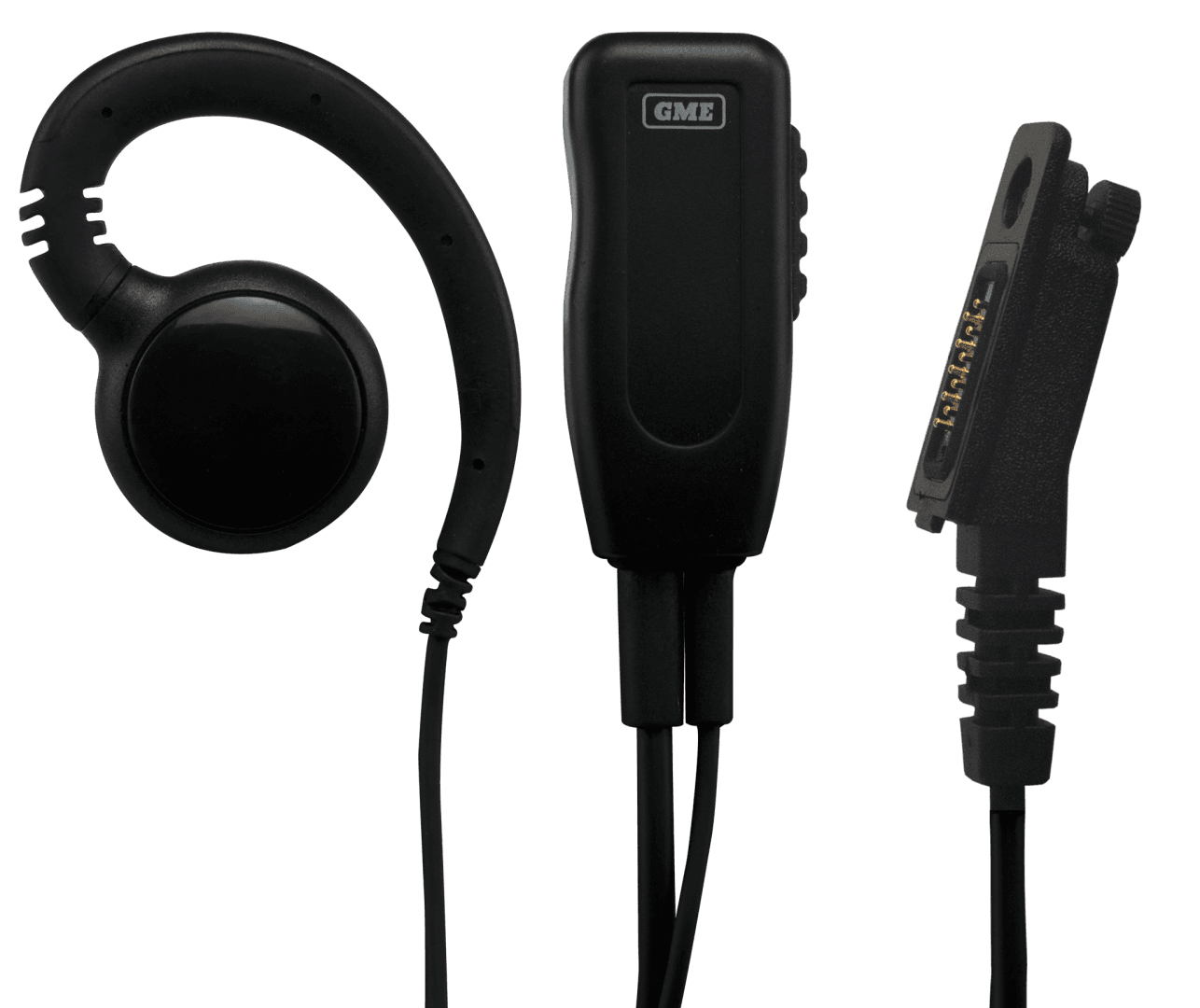 GME HS017 earpiece microphone for XRS-660 handheld UHF CB radio, featuring an inline push-to-talk button and padded earpiece.