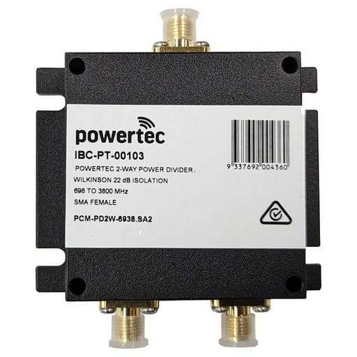 IBC-PT-00103 2-way RF antenna splitter with SMA female connectors, 698–3800MHz frequency range, Wilkinson design, 22dB isolation, 50Ω impedance and 50W maximum input.