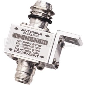 PolyPhaser IS-B50LN-C2 Type N female-to-female bulkhead RF surge protector for 10MHz–1GHz, with DC blocking, gas tube protection, 1.5kW power handling and 20kA surge capacity.