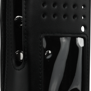 GME LC009 heavy-duty leather carry case for the TX6600S handheld radio, with clear LCD window, microphone and speaker access, plus belt loop with D connector.