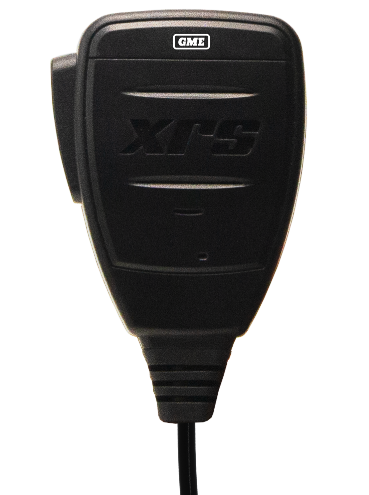 GME MC013 IP67 speaker microphone for the XRS-660 handheld UHF CB radio, with 2W audio output, curly cord and adjustable clip.