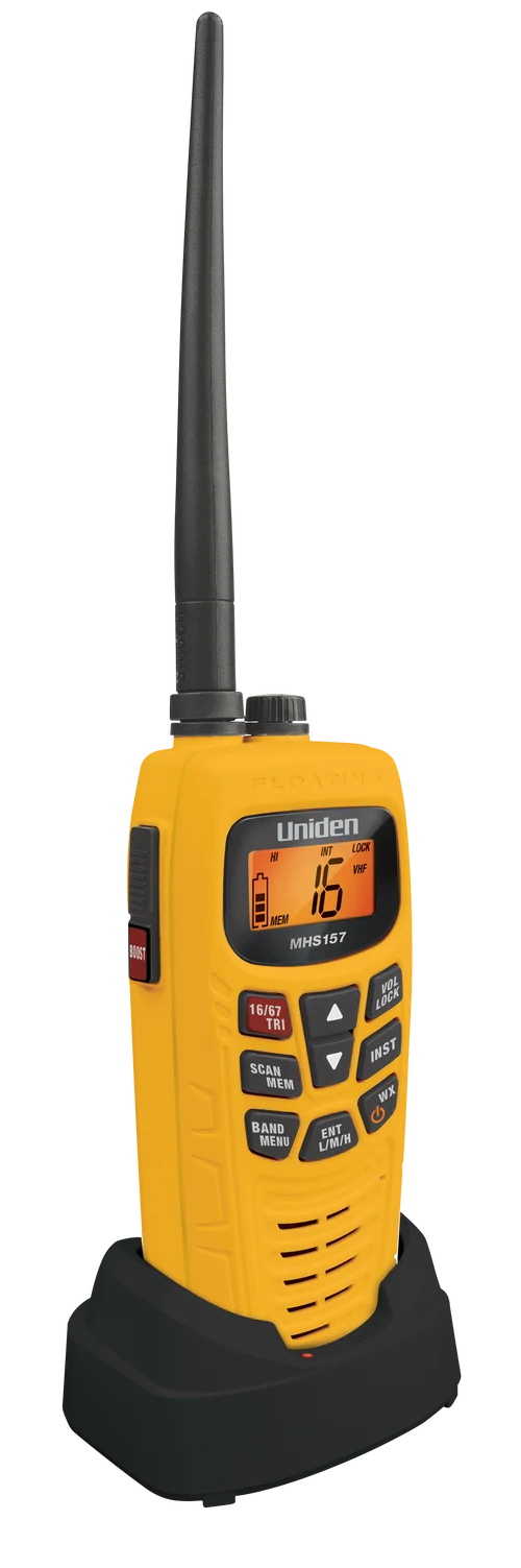 Uniden MHS157UV floating IPX7 waterproof handheld VHF/UHF marine radio with 5W VHF and 2.5W UHF output.