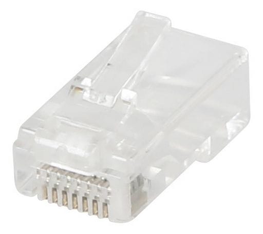 Wiretek MOD941 CAT6 EZ-through 8P8C RJ45 crimp plug with 30µ gold plating, suitable for stranded or solid core cable and compatible EZ-through crimping tools.
