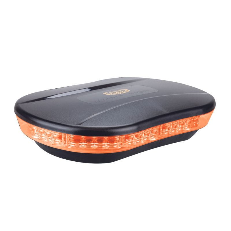 Roadvision RLB250Y amber Micro Revolver LED light bar with 10–30V operation, 20W output, single-bolt mount, 10 flash functions and SAE Class 1 compliance.