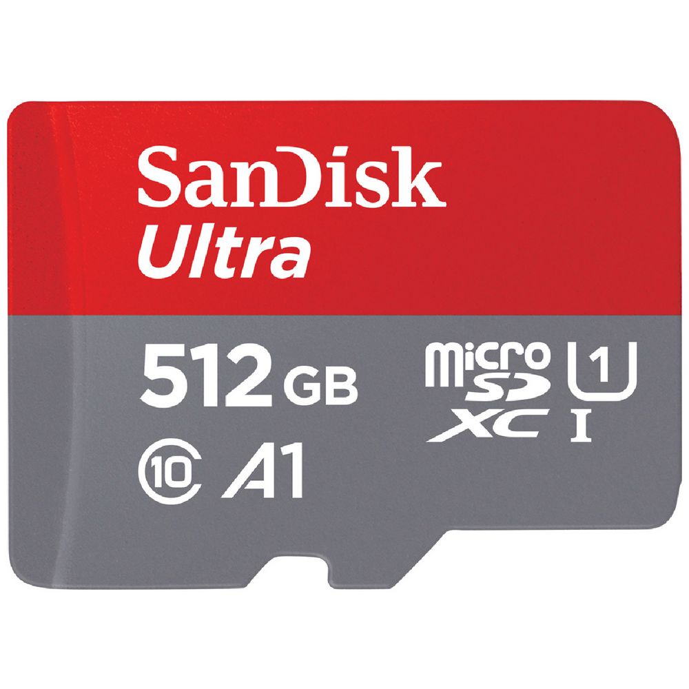 SanDisk SDSQUAC512 512GB Ultra microSDXC memory card with up to 150MB/s read speed, Full HD support, and waterproof, shockproof, x-ray-proof and heat-resistant construction.