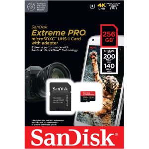 SanDisk Extreme PRO SDSQXCD-256G 256GB microSDXC UHS-I memory card with up to 200MB/s read speed, 140MB/s write speed, U3, V30 and A2 ratings.