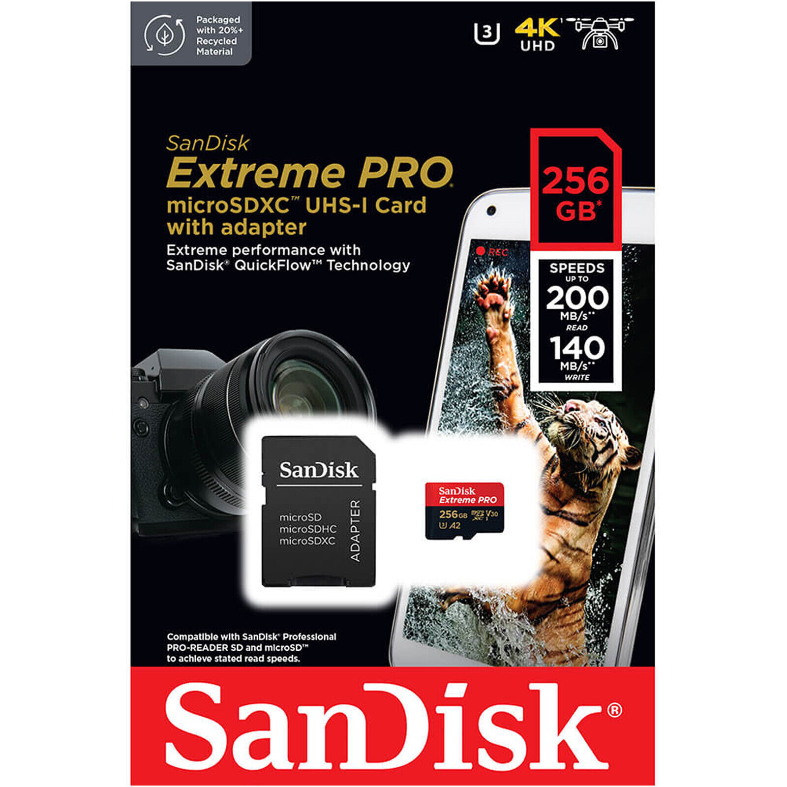 SanDisk Extreme PRO SDSQXCD-256G 256GB microSDXC UHS-I memory card with up to 200MB/s read speed, 140MB/s write speed, U3, V30 and A2 ratings.