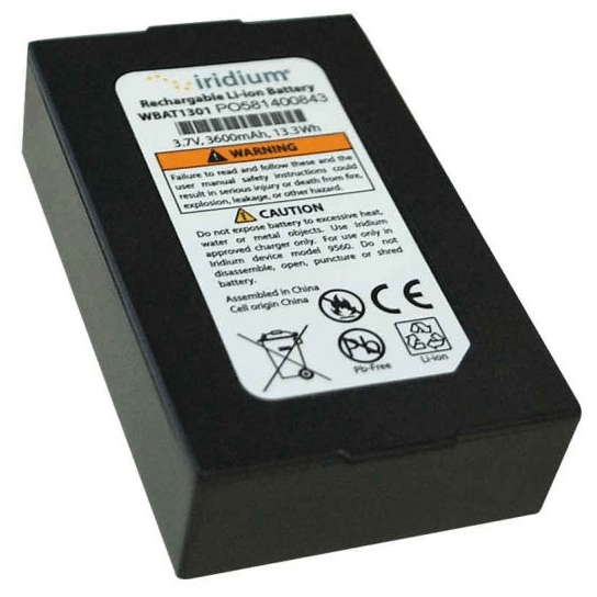 Iridium WBAT1301 rechargeable lithium-ion battery for Iridium GO!, rated at 3.7V, 3600mAh and 13.3Wh, with up to 5.5 hours talk/data use.