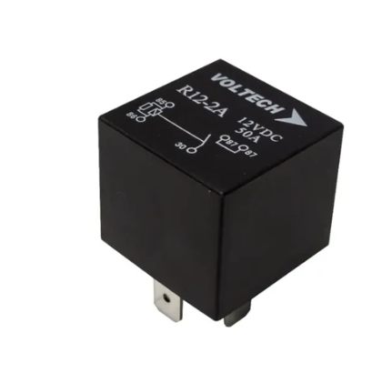 Voltech R12-2A mini 12V 50A 5-pin normally open automotive relay with resistor protection and removable mounting bracket.