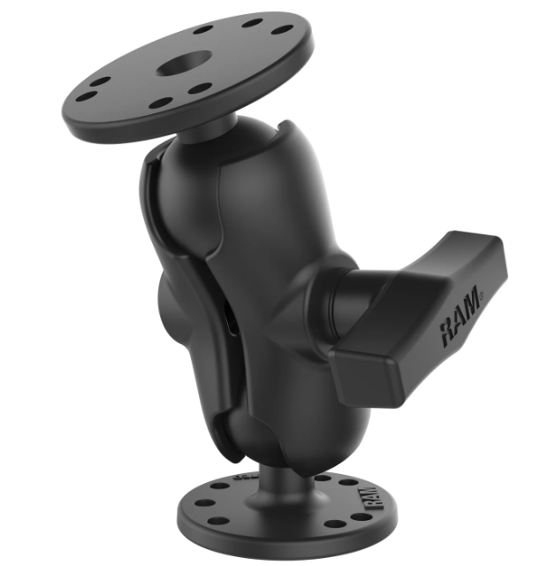 RAM® RAM-101U-B C Size short double ball mount with two 2.5-inch round AMPS plates and 1.5-inch rubber balls.