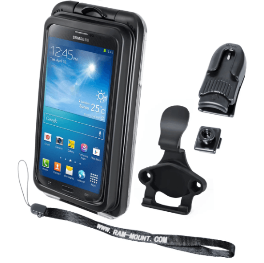 RAM Mounts RAM-HOL-AQ7-2CU Aqua Box Pro 20 weather-resistant phone case with cradle clip, touchscreen access and side-button access for motorcycles, ATVs and boats.