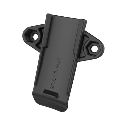 RAM Mounts RAM-HOL-GA76U spine clip holder for Garmin handheld devices with integrated spine connection, compatible with RAM diamond ball bases and socket arms.
