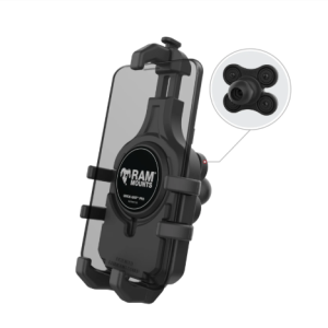 RAM Mounts RAM-HOL-PD5BVU Quick-Grip Pro phone holder with B Size ball, integrated vibration damper, adjustable rubber side supports and Apple MagSafe puck compatibility.