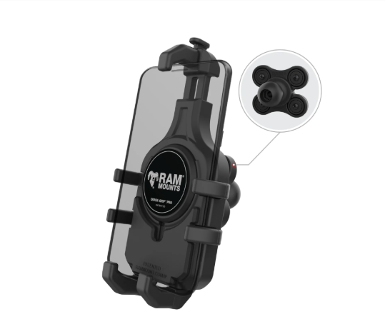 RAM Mounts RAM-HOL-PD5BVU Quick-Grip Pro phone holder with B Size ball, integrated vibration damper, adjustable rubber side supports and Apple MagSafe puck compatibility.