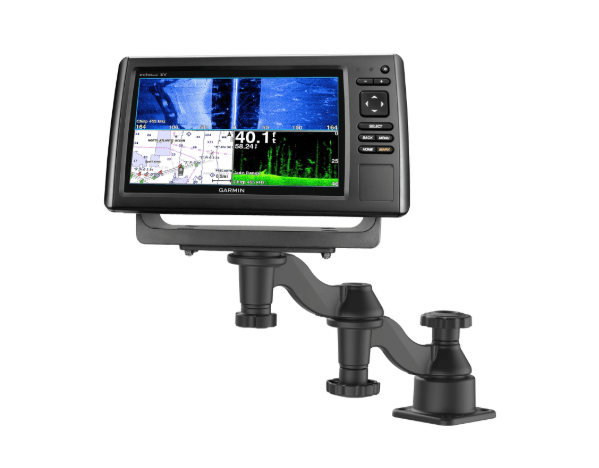 RAM Mounts RAM-109H-1U horizontal 12-inch double swing arm mount for fish finders and plotters, with two 6-inch arms, rectangular mounting plate and 360-degree rotation.