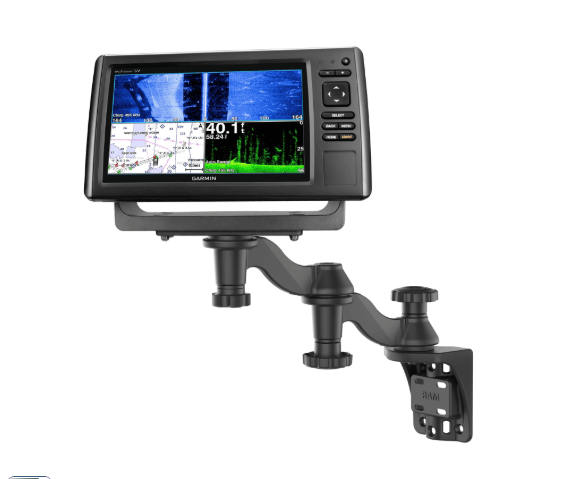 RAM Mounts RAM-109V-1U vertical 12-inch double swing arm mount for fish finders and plotters, with two 6-inch arms, rectangular mounting plate and 360-degree rotation.