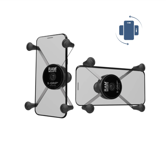 RAM Mounts RAM-HOL-UN10BRU rotating X-Grip large phone holder with B Size ball, spring-loaded rubber grip, portrait-to-landscape rotation and optional device tether.